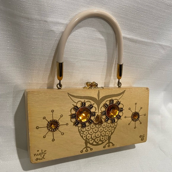Vintage 1960's Enid Collins 'Night Owl' Wood Box Bag - Picture 2 of 11